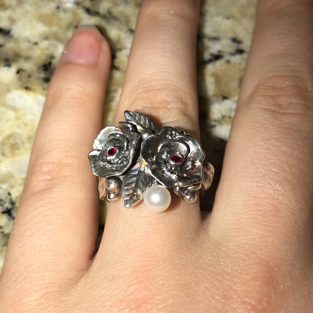 BEAUTIFUL handmade silver, ruby, and pearl ring